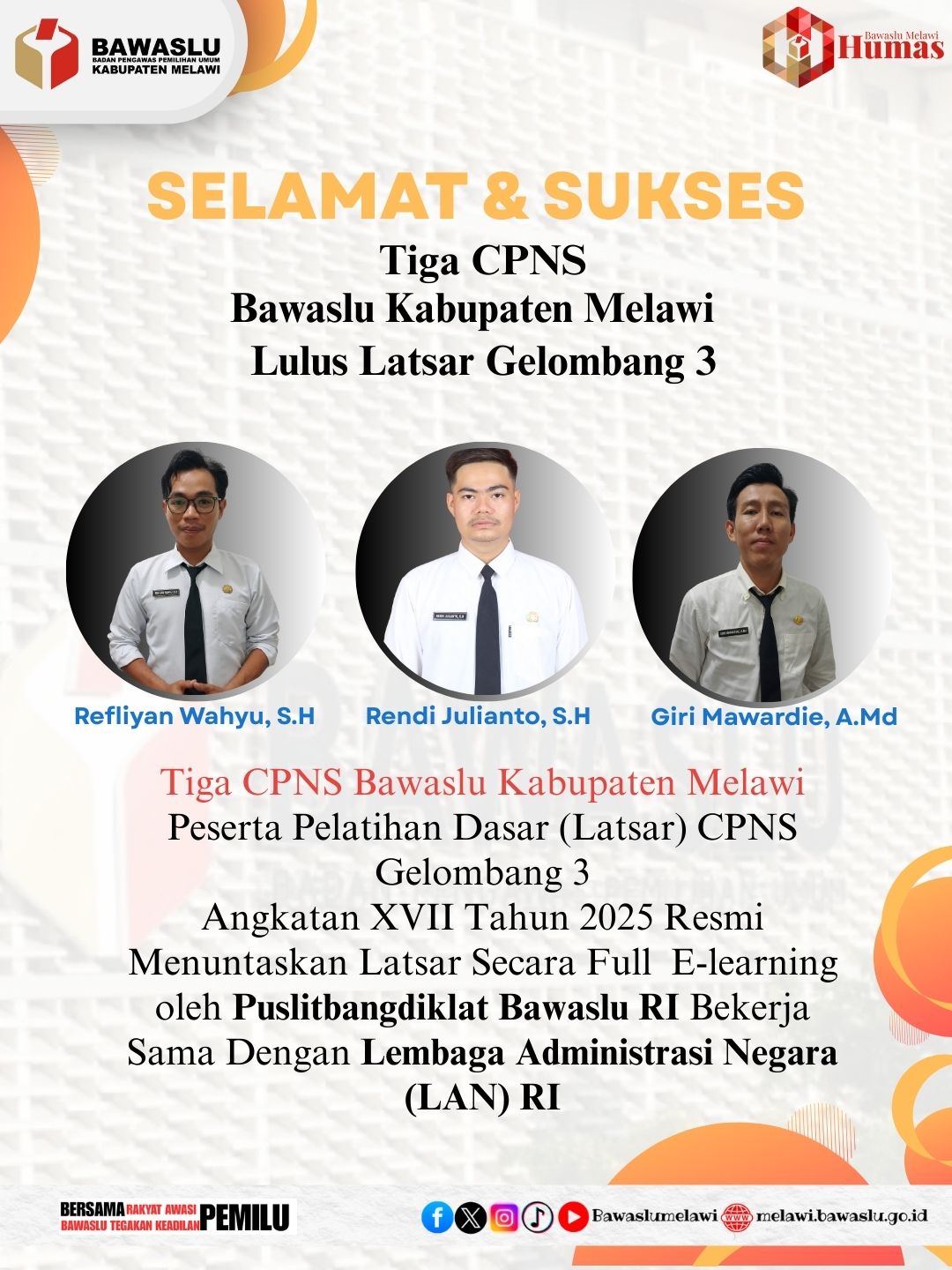 Tiga CPNS Bawaslu Kabupaten Melawi Tuntaskan Latsar CPNS Gelombang 3 Angkatan XVII Tahun 2025