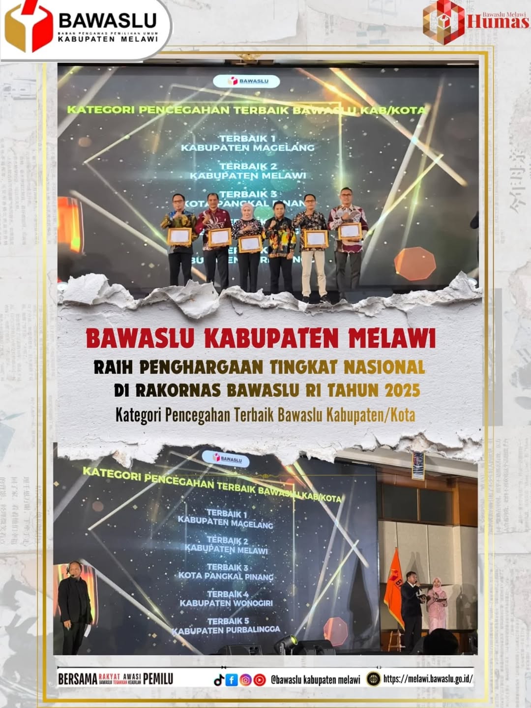 Bawaslu Kabupaten Melawi Raih Penghargaan Tingkat Nasional Di Rakornas Bawaslu RI Tahun 2025 Kategori Pencegahan Terbaik Bawaslu Kabupaten/Kota