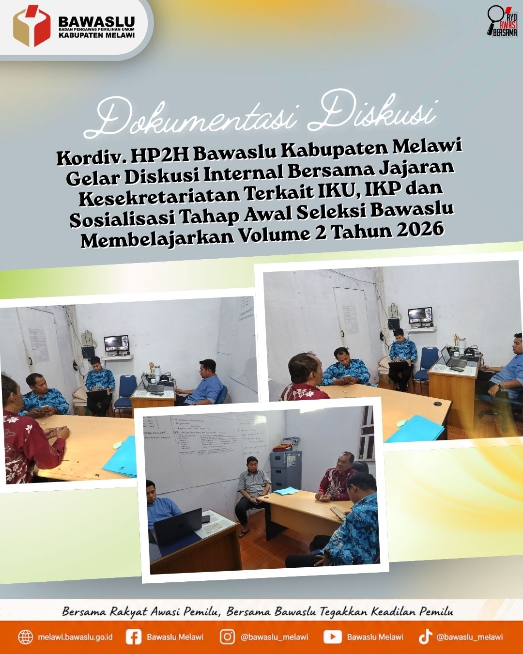Kordiv. HP2H Bawaslu Kabupaten Melawi Gelar Diskusi Internal Bersama Jajaran Kesekretariatan Terkait IKU, IKP dan Sosialisasi Tahap Awal Seleksi Bawaslu Membelajarkan Volume 2 Tahun 2026