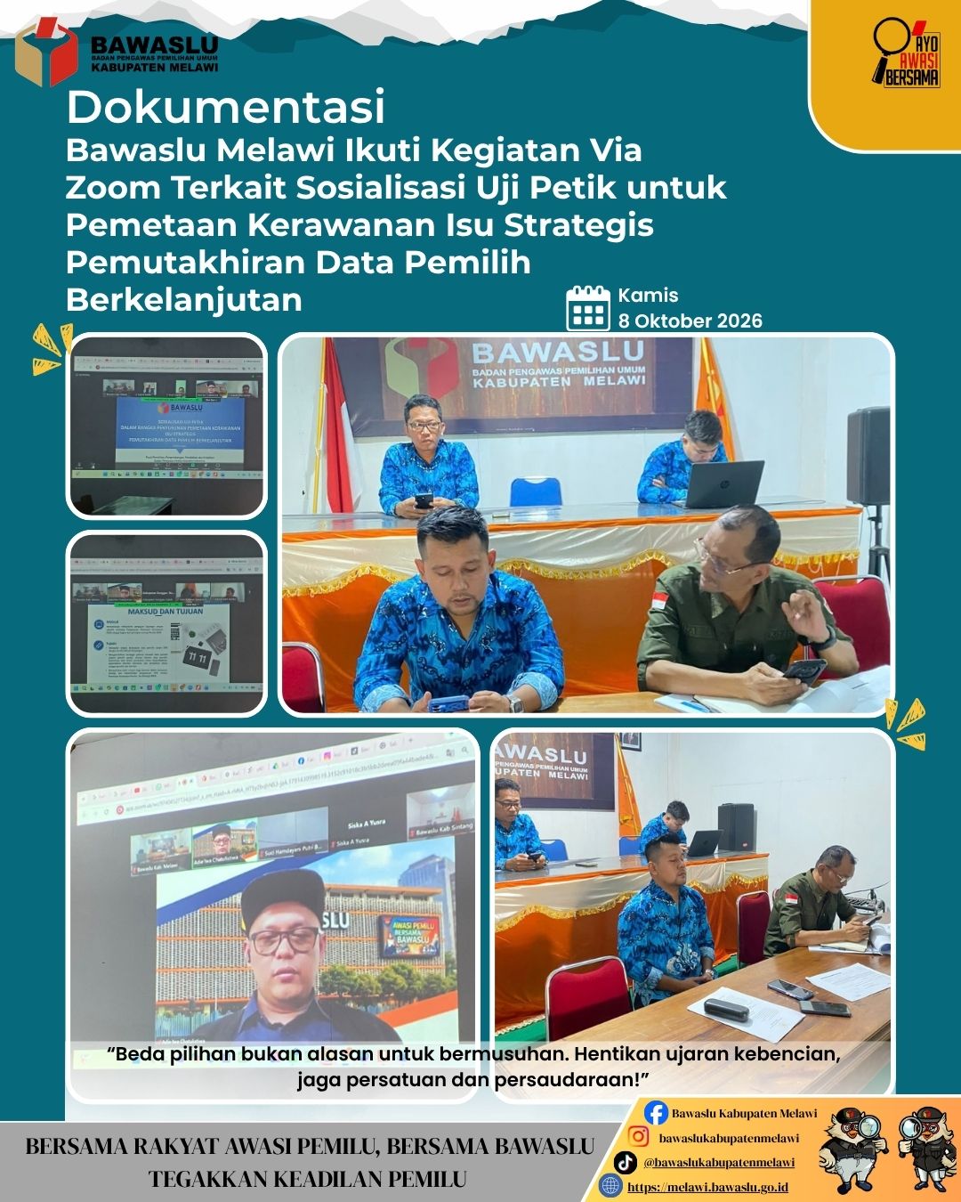 Bawaslu Melawi Ikuti Kegiatan Via Zoom Terkait Sosialisasi Uji Petik untuk Pemetaan Kerawanan Isu Strategis Pemutakhiran Data Pemilih Berkelanjutan