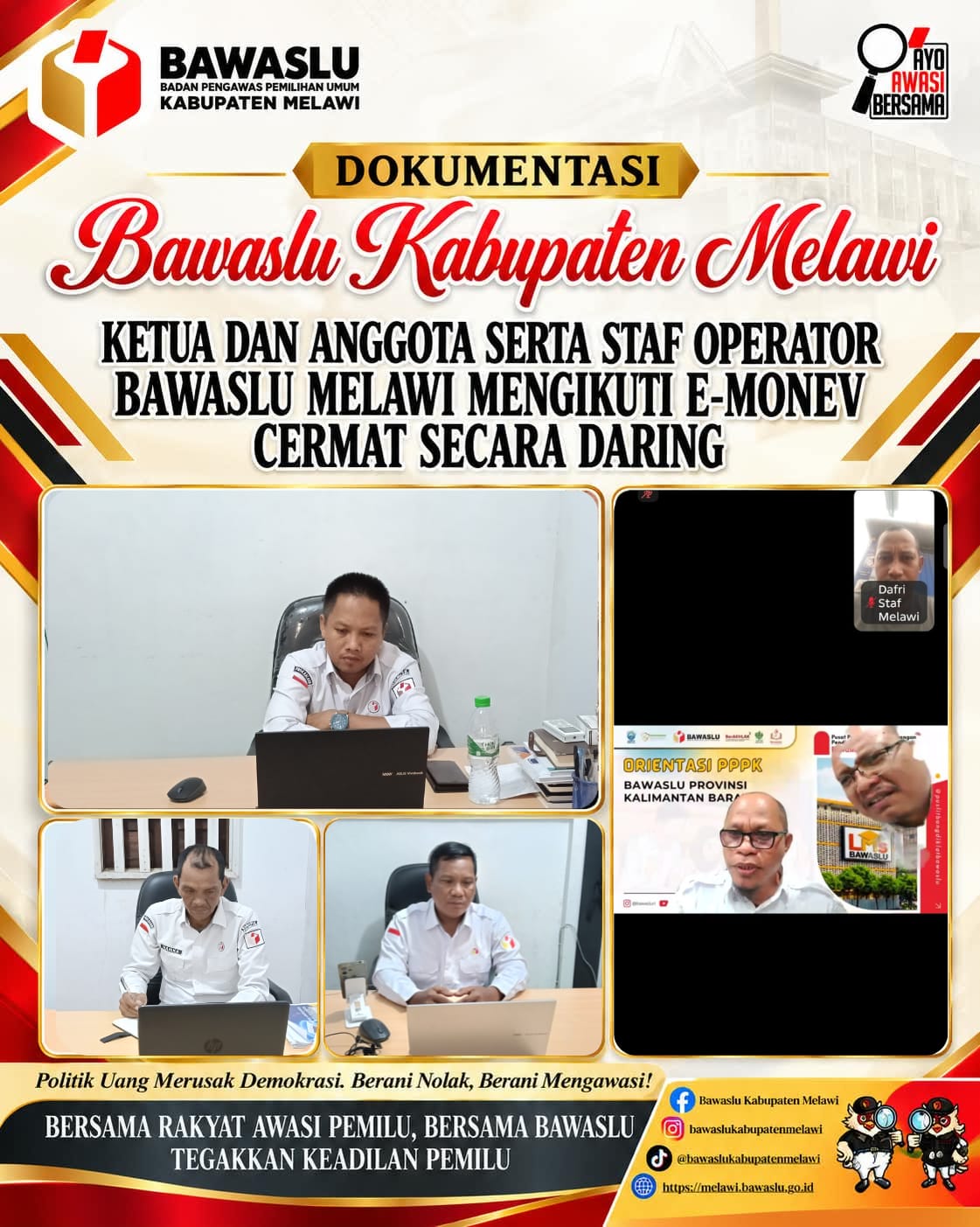 Ketua dan Anggota serta Staf Operator Bawaslu Melawi mengikuti E-Monev CERMAT Secara Daring
